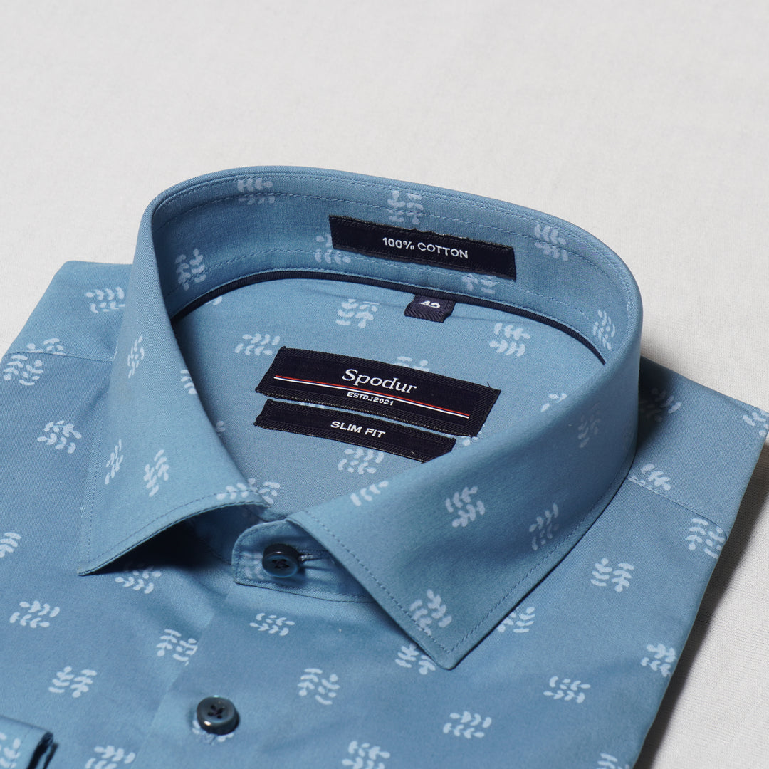 Men's Premium Sky Blue Cotton Shirt with Small Leaves Print