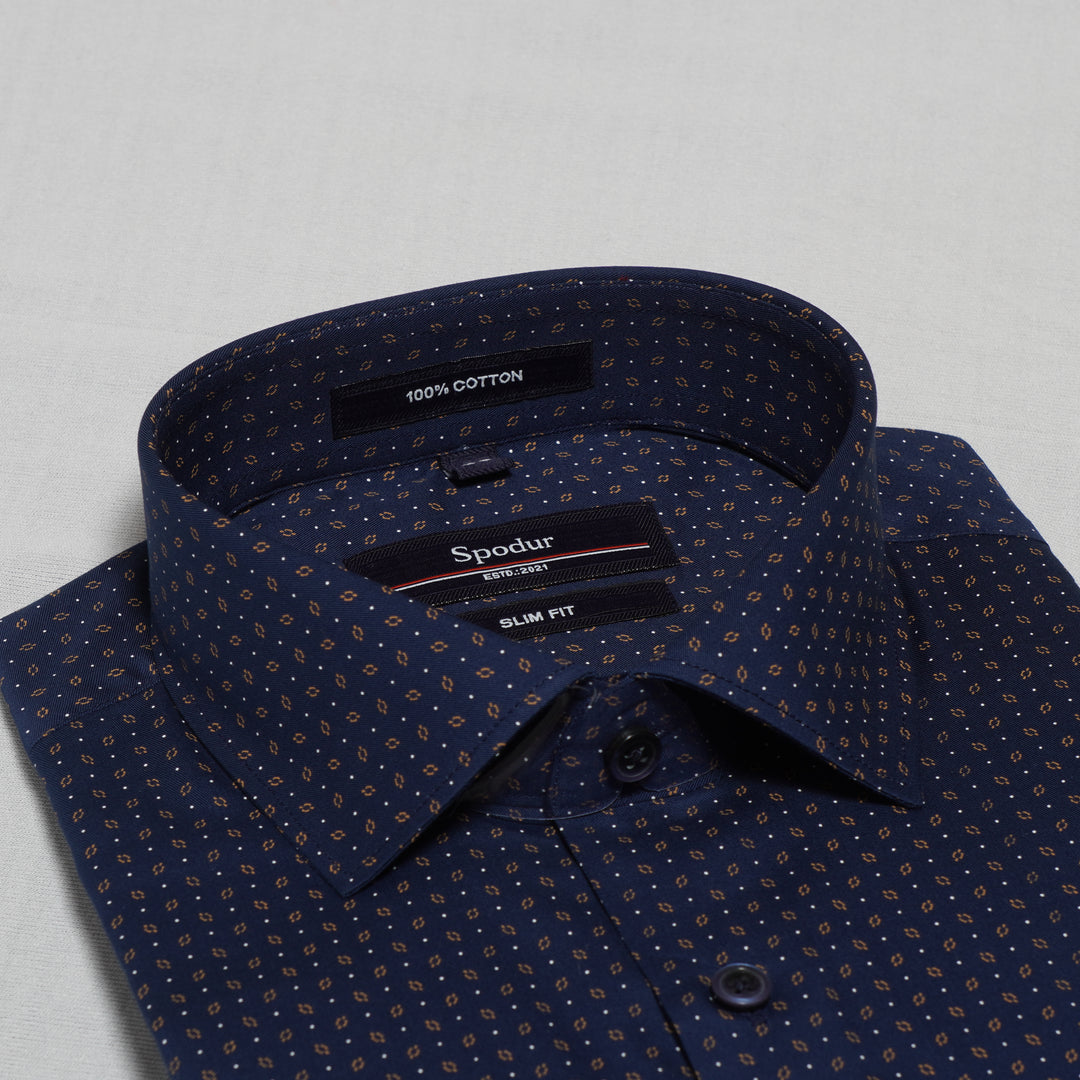 Navy Blue Dotted Printed Premium Cotton Shirt