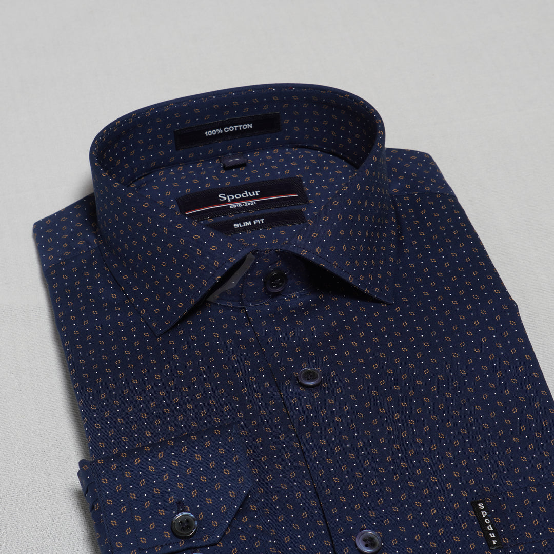 Navy Blue Dotted Printed Premium Cotton Shirt