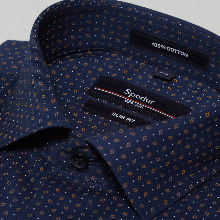 Navy Blue Dotted Printed Premium Cotton Shirt