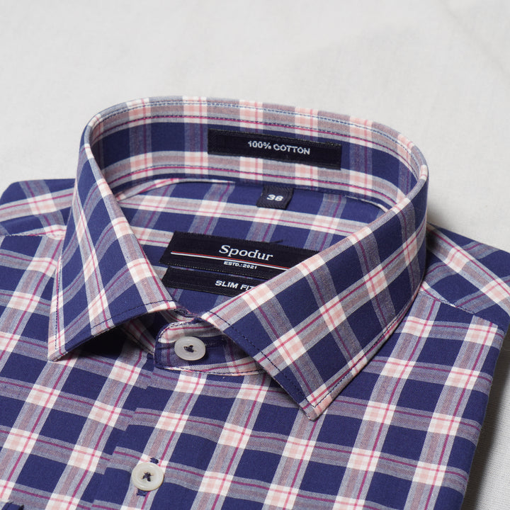 Navy Blue Checkered Print Premium Cotton Shirt