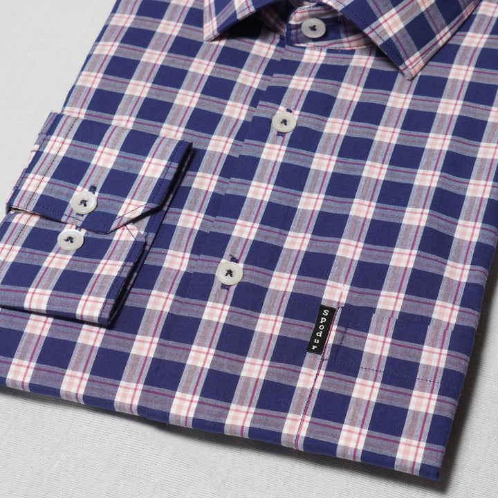 Navy Blue Checkered Print Premium Cotton Shirt