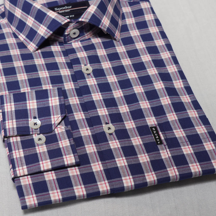 Navy Blue Checkered Print Premium Cotton Shirt