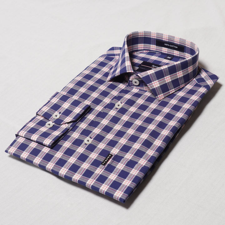 Navy Blue Checkered Print Premium Cotton Shirt