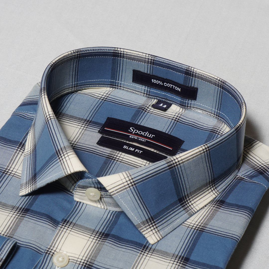 Men's Premium Multi-Shade Blue Check Cotton Shirt