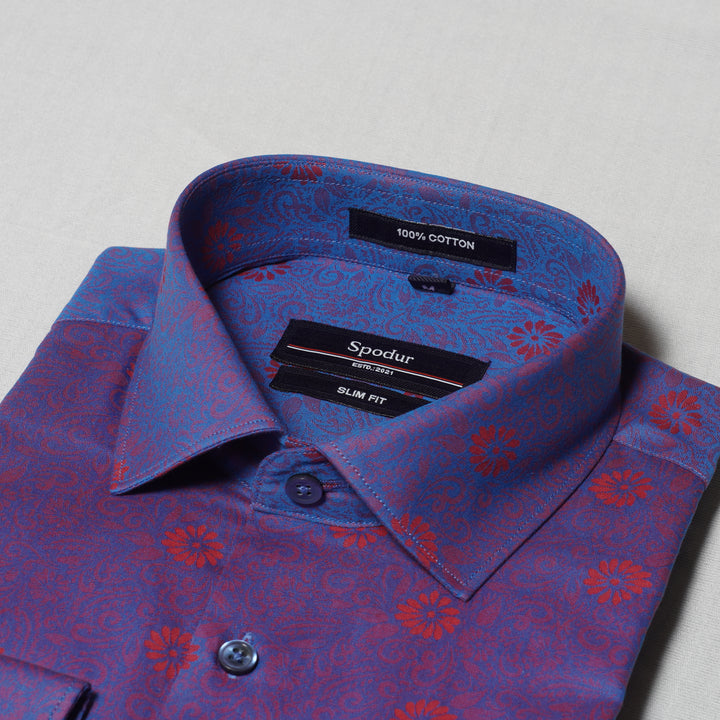 Men's Premium Blue Cotton Shirt with Red Print