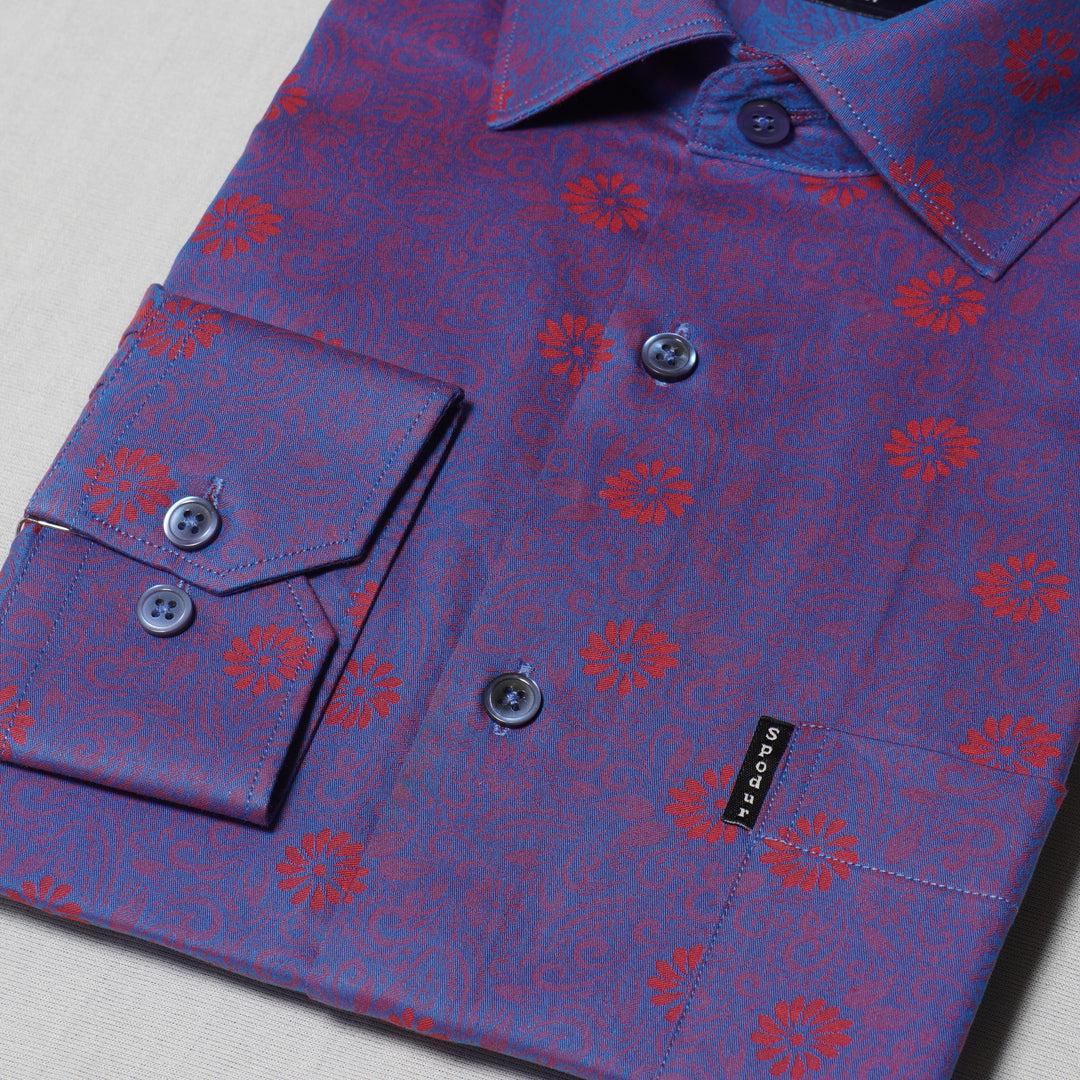 Men's Premium Blue Cotton Shirt with Red Print