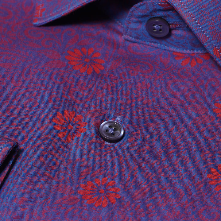 Men's Premium Blue Cotton Shirt with Red Print