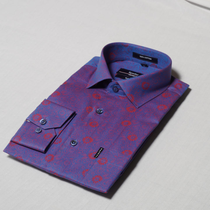 Men's Premium Blue Cotton Shirt with Red Print