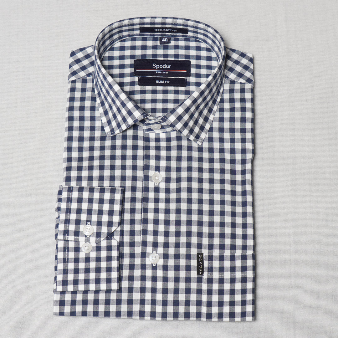 Men's Premium Navy Blue & White Small Checks Cotton Shirt