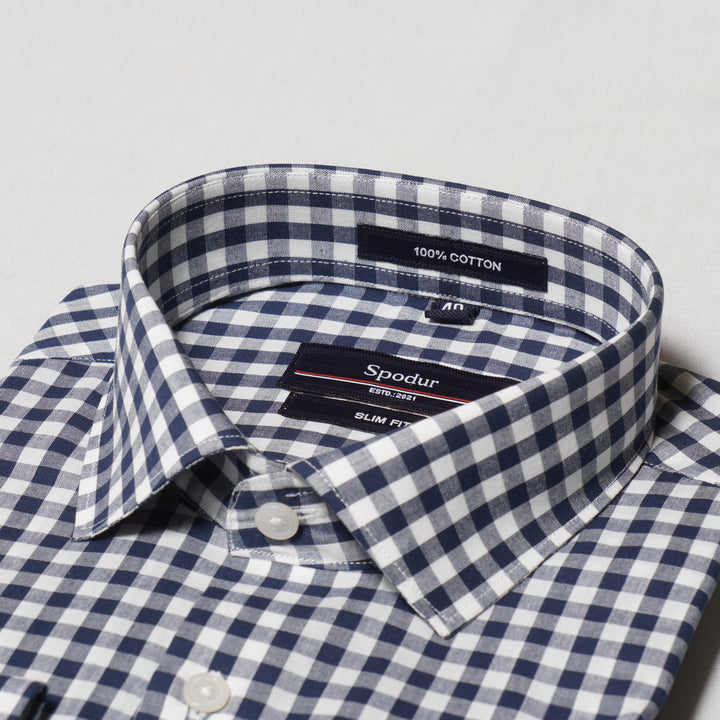 Men's Premium Navy Blue & White Small Checks Cotton Shirt