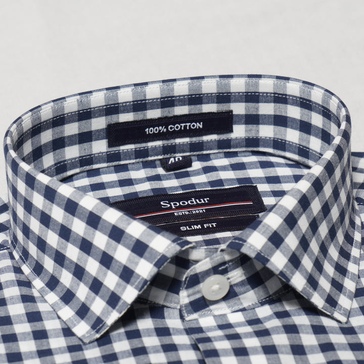 Men's Premium Navy Blue & White Small Checks Cotton Shirt