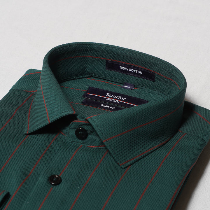 Men's Premium Dark Green Cotton Shirt with Red Stripes