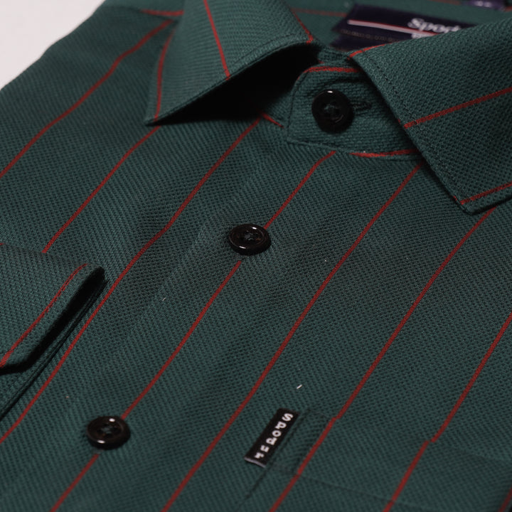 Men's Premium Dark Green Cotton Shirt with Red Stripes