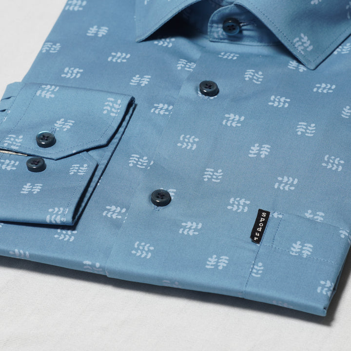 Men's Premium Sky Blue Cotton Shirt with Small Leaves Print