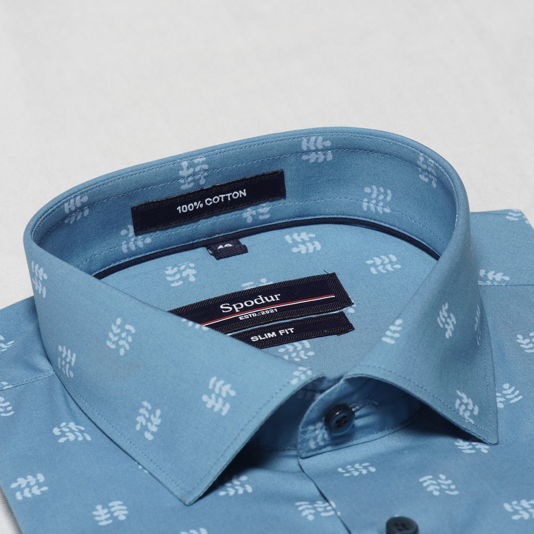 Men's Premium Sky Blue Cotton Shirt with Small Leaves Print