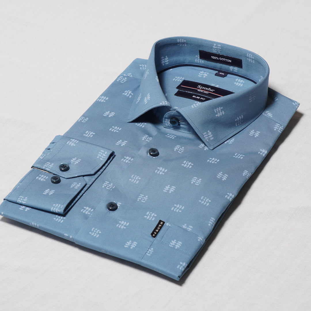 Men's Premium Sky Blue Cotton Shirt with Small Leaves Print