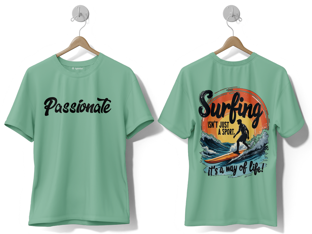 Men's Green Surfing Graphic Printed Oversized T-shirt